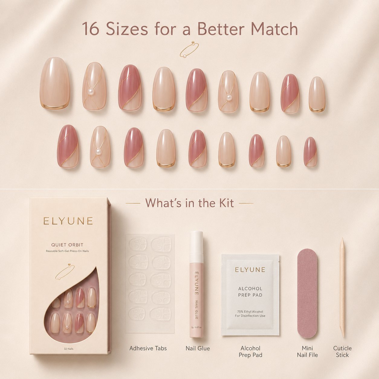 Soft-gel press-ons with delicate pearl and champagne orbit details.
