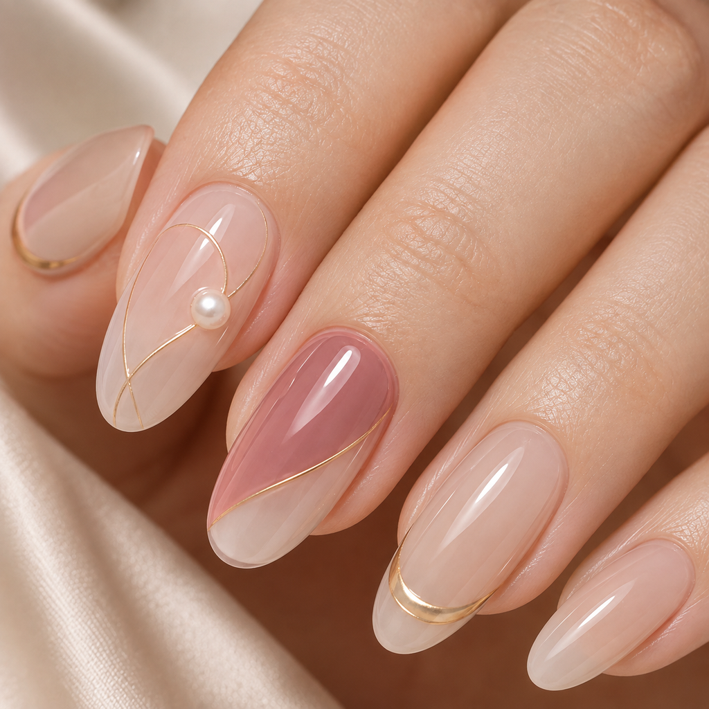 Soft-gel press-ons with delicate pearl and champagne orbit details.